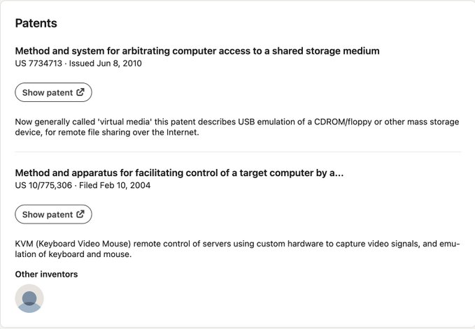 A screenshot of a Patents webpage listing two patents: 'Method and system for arbitrating computer access to a shared storage medium' (US 7734713, Issued Jun 8, 2010) describing USB emulation of storage devices for remote file sharing, and 'Method and apparatus for facilitating control of a target computer by a...' (US 10/775,306, Filed Feb 10, 2004) describing KVM remote control of servers.