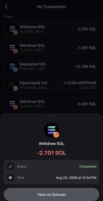 A screenshot of a mobile crypto wallet's "My Transactions" history showing multiple SOL withdrawals and deposits, with a detail view at the bottom highlighting a -2.701 SOL withdrawal completed on Aug 23, 2026. The image supports the user's claim by showing their recent SOL withdrawal activity that they say has not appeared in their account via Relay Protocol for their planned hyperEVM bridge to buy memecoins.