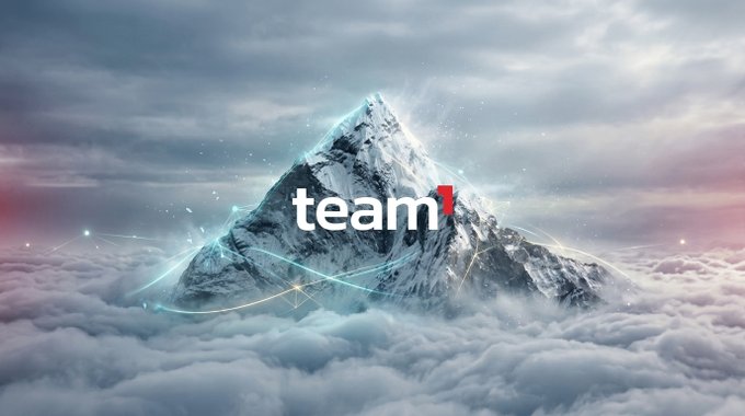 The image features a snow-capped mountain rising above clouds with the text "team¹" overlaid, accompanied by glowing teal light trails. This dramatic peak aligns with the post's reflection on the Team1 community, symbolizing how AvaxTeam1 stands out as an elevated, supportive force in the Web3 space compared to other communities the author has experienced.