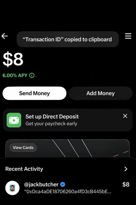 A mobile banking app interface showing a balance of $8 with 6.00% APY, a 'Send Money' button, and a recent transaction from '@jackbutcher'.