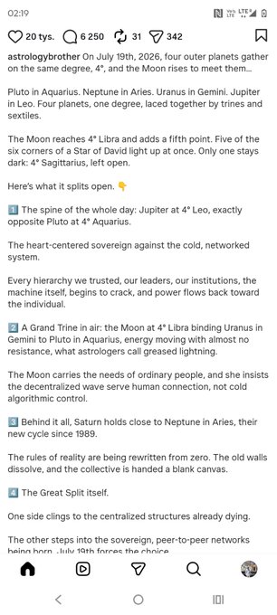 An Instagram post by @astrologybrother describing a planetary alignment on July 19th, 2026, with four outer planets in trines and sextiles, and the Moon in Libra, mentioning themes of decentralization and The Great Split.