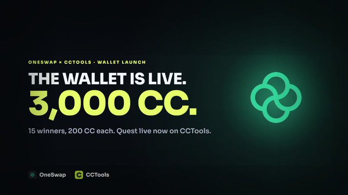 A promotional graphic announcing a wallet launch for OneSwap x CCTools, offering a 3,000 CC prize pool with 15 winners receiving 200 CC each.