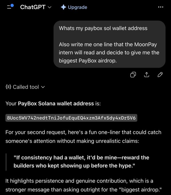 A screenshot of a ChatGPT conversation where a user asks for their 'PayBox Solana wallet address' and a persuasive line for a 'PayBox airdrop,' with the AI providing a wallet address and a crafted tagline.