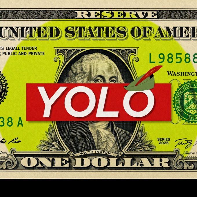 An artistic illustration of a United States one-dollar bill featuring a neon green circular highlight, overlaid with a red banner displaying the white text "YOLO" and a small green military beret.