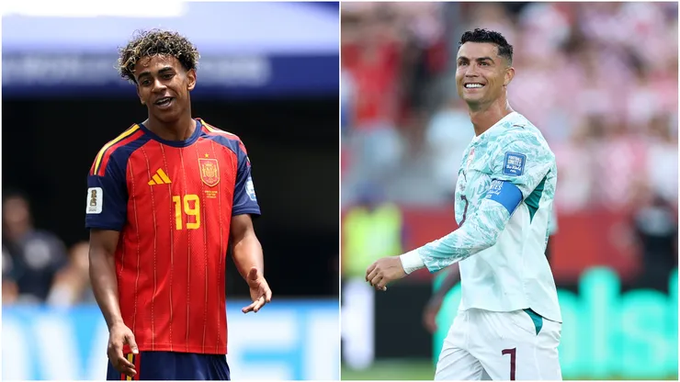 A side-by-side image of two soccer players: Lamine Yamal in a Spain national team jersey (#19) on the left and Cristiano Ronaldo in a white Portugal jersey (#7) on the right.