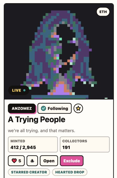 A digital profile interface for a creator named 'ANZOMEZ' showing a glitchy pixel-art avatar titled 'A Trying People' with the description 'we're all trying. and that matters.', listed on the ETH network.
