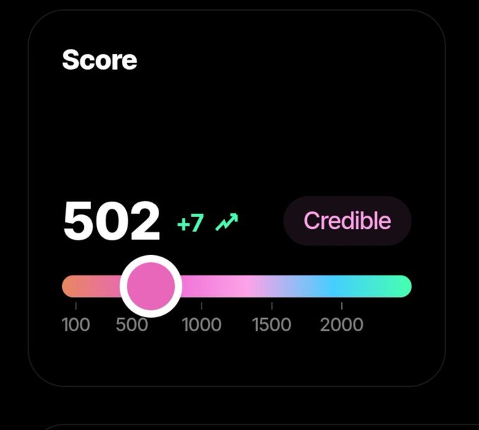 A dark-themed dashboard widget displays a "Score" of 502 with a "+7" increase and an upward arrow, labeled "Credible." A colorful gradient progress bar marks the score between 100 and 2000+, visually reinforcing the post's message of steady point accumulation toward the next milestone of 1000.