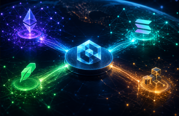 A digital illustration displays cryptocurrency logos connected by glowing energy lines against a network background, with Ethereum prominently featured in the center.