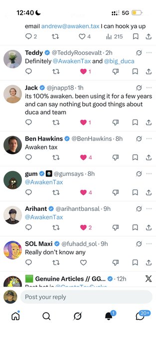 A Twitter/X thread screenshot with replies tagging @AwakenTax and @big_duca from users including Teddy Roosevelt, Jack, Ben Hawkins, and others.