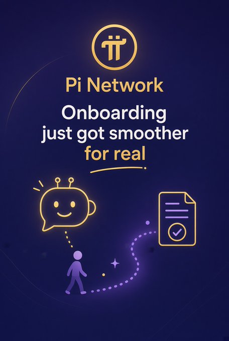 A dark purple promotional graphic features the Pi Network logo and the headline "Pi Network Onboarding just got smoother for real," accompanied by illustrations of a smiling robot assistant and a checkmarked document. The visual reinforces the post's message by symbolizing the AI-assisted documentation guide that helps developers navigate authentication and payment integration more easily.