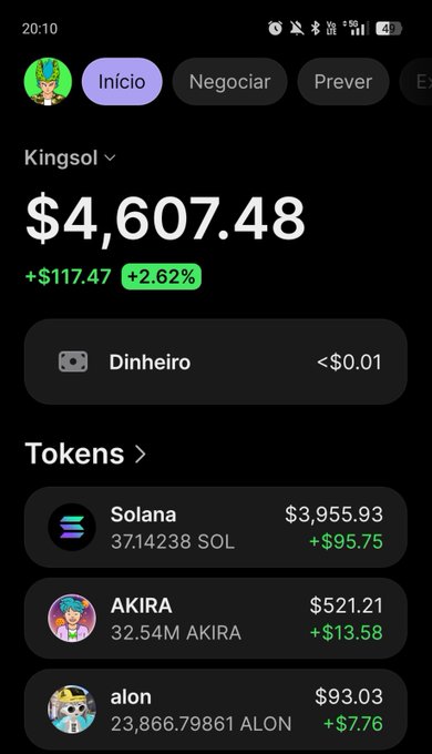 A mobile cryptocurrency wallet app screenshot showing a "Kingsol" account with $4,607.48 total balance, up $117.47 (+2.62%), holding Solana, AKIRA, and alon tokens.
