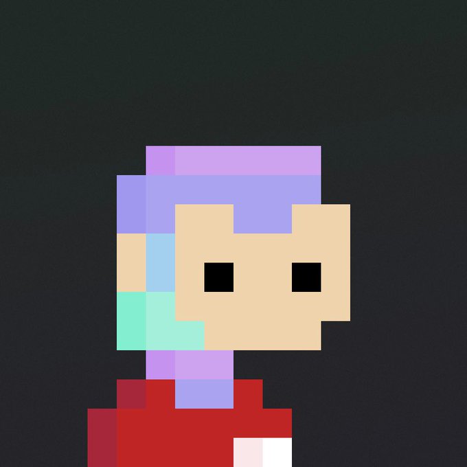A pixel art portrait depicts a figure with a tan face, two black square eyes, a purple/blue hat, and a red shirt against a black background.