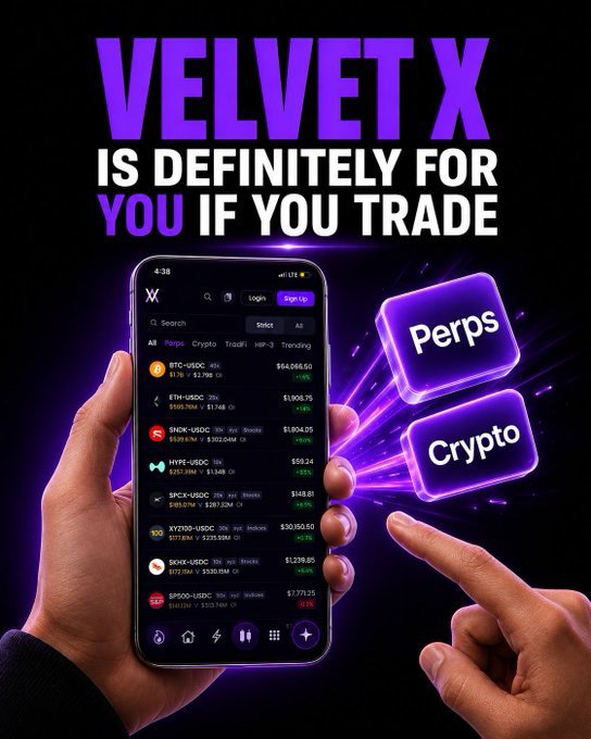 An advertisement for 'VELVET X' promotes a trading app for 'Perps' and 'Crypto,' showing a smartphone displaying cryptocurrency prices including BTC, ETH, SHIB, and HYPE.