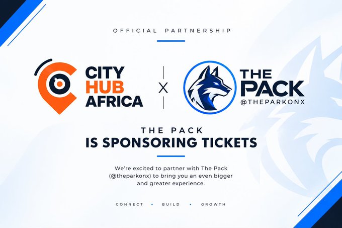 An announcement graphic for an official partnership between City Hub Africa and The Pack (@theparkonx), noting The Pack is sponsoring tickets with the tagline 'Connect, Build, Growth'.