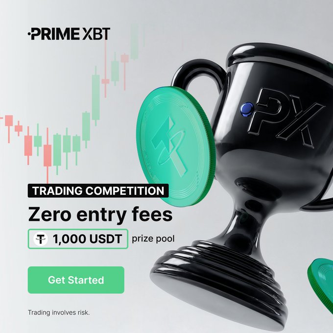 PrimeXBT trading competition promotional graphic featuring a black trophy, a green Bitcoin-style coin with 'PX' logo, candlestick chart background, and text reading 'TRADE COMPETITION, Zero entry fees, 1,000 USDT prize pool' with a 'Get Started' button.
