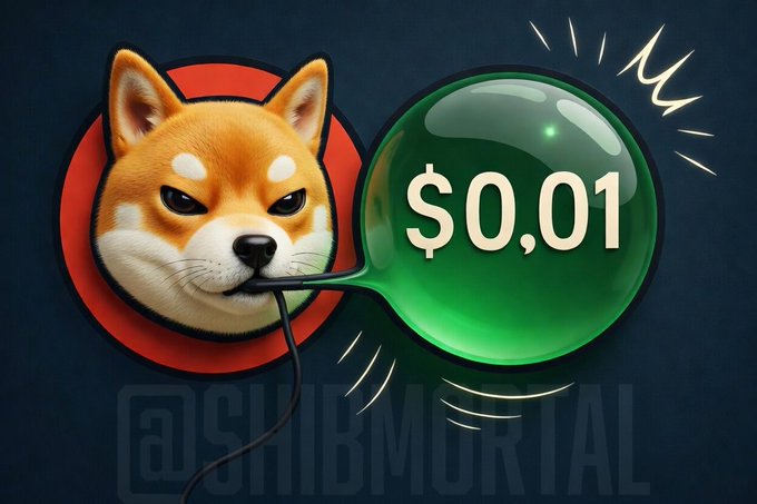 A digital illustration shows a Shiba Inu dog with an intense expression, wearing a red circle background, with a green balloon-like shape displaying "$0.01" emerging from its mouth, set against a dark background with the watermark "@SHIBMORTAL".