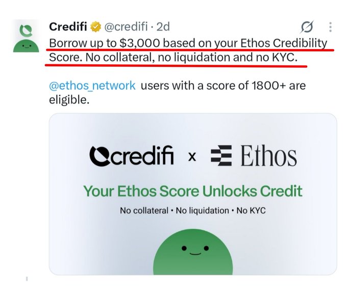 A tweet from @credifi announcing they offer up to $3,000 in loans based on users' Ethos Credibility Score (1,800+) on @ethos_network, with no collateral, no liquidation, and no KYC required, accompanied by a promotional graphic showing the Credifi x Ethos partnership. The image aligns with the accompanying post by highlighting how Web3 reputation scores can be used as collateral-free credit eligibility.