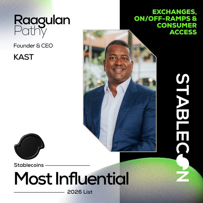 The image is a promotional graphic announcing Raagulan Pathy, Founder & CEO of KAST, as a member of Stablecon's "Stablecoins Most Influential 2026 List," recognized in the "Exchanges, On/Off-Ramps & Consumer Access" category, featuring his professional headshot alongside the listing's green and black branding.