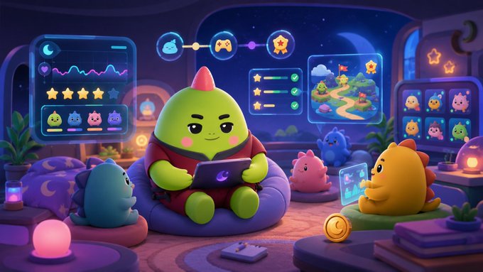 A cute cartoon illustration shows a green dinosaur-like character in pajamas sitting on a beanbag playing a tablet game, surrounded by smaller colorful monster friends and floating game UI screens with stars and progress bars in a cozy nighttime room.