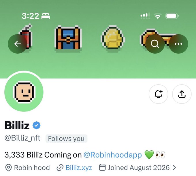 A Twitter/X profile screenshot of @Billiz_nft, displaying a pixelated character avatar, a "3,333 Billiz Coming on @Robinhoodapp" announcement, and a "Follows you" indicator with the website Billiz.xyz—visually confirming the alpha call details about the 3,333 supply NFT project launching on the Robinhood chain with cute pixel art.
