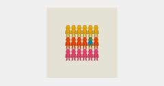 Minimalist artwork featuring rows of small colorful figures in yellow, pink, and blue arranged on a cream background.