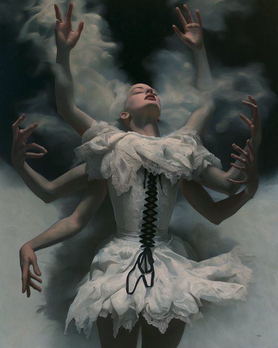 A surreal painting depicts a woman in a white corseted dress with multiple arms reaching outward, her head tilted back amidst billowing dark smoke.