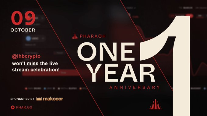 A promotional image for Pharaoh's One Year Anniversary celebration on October 9, sponsored by Makoor, featuring bold "ONE YEAR ANNIVERSARY" text and the phar.gg website, tying into a post inviting followers to RSVP for a chance at free money.