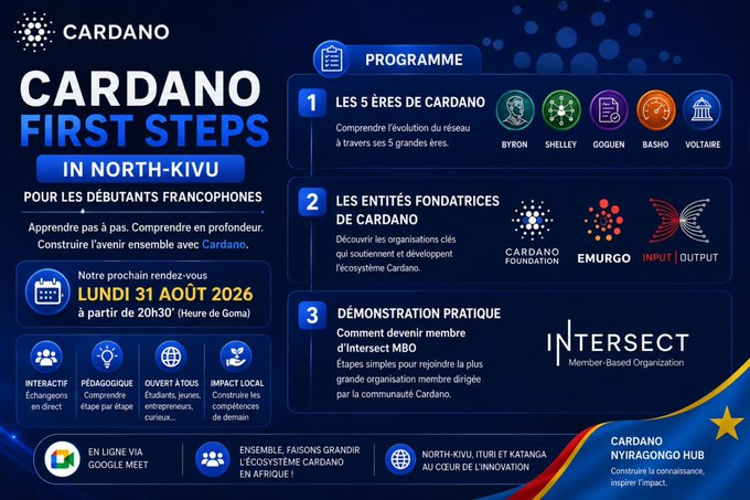 A promotional poster for 'CARDANO FIRST STEPS IN NORTH-KIVU' event on Monday August 31, 2026, featuring program details about Cardano's 5 eras (Byron, Shelley, Goguen, Basho, Voltaire), founding entities (Cardano Foundation, EMURGO, Input Output), and practical demonstration with Intersect MBO.