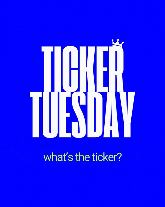A bold white poster reads “TICKER TUESDAY,” with a small crown above the text, and “what’s the ticker?” in lime green below. It serves as the fifth-round prompt for the Base community to share or guess the featured crypto ticker.