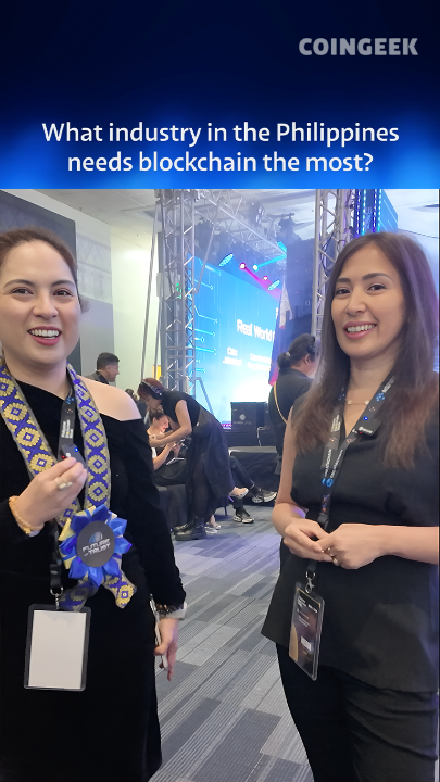 CoinGeek video thumbnail asking 'What industry in the Philippines needs blockchain the most?' featuring two women at what appears to be a blockchain conference, one wearing a blue ribbon rosette.