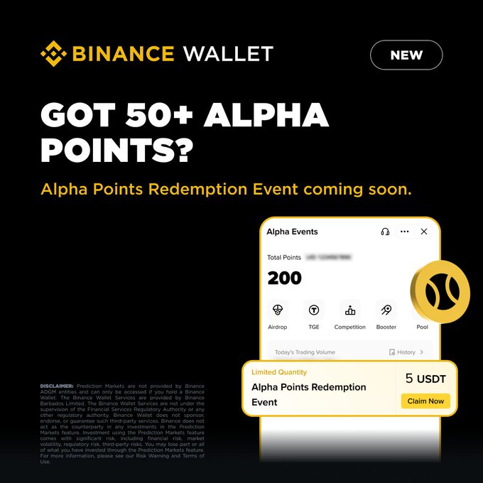 Binance Wallet promotional graphic announcing an upcoming Alpha Points Redemption Event, featuring the headline "GOT 50+ ALPHA POINTS?" and a mockup showing a 5 USDT "Football Cup Prediction Markets Voucher" redeemable for 5 Alpha Points alongside Alpha Events totaling 200 points. The image visually reinforces the post's call to action for users with 50+ Alpha Points to redeem their Football Cup voucher and meet the 100 USDT Prediction Markets trading requirement starting July 15.