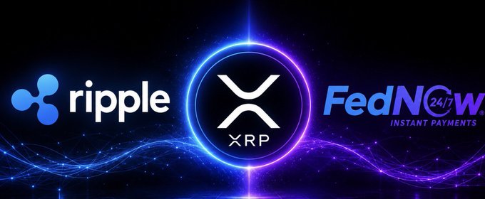 A digital graphic displays the Ripple logo and "FedNow Instant Payments 24/7" branding flanking a glowing central XRP emblem, visually symbolizing the integration bridge described in the post between Volante's FedNow connectivity and Ripple's XRP-enabled settlement infrastructure.