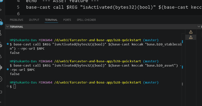 A VS Code terminal screenshot showing two `base-cast call` commands querying the "isActivated" function for B20 stablecoin and asset contracts, both returning `false`. This visually supports the post's claim that the Base B20 Activation Registry still shows `false` on mainnet, while waiting for activation despite Sepolia and Vibenet being live.