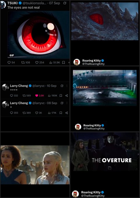 A collage of Twitter/X posts showing a red anime eye GIF by @tsukionsola, a blue-eyed creature, a Game of Thrones scene with Daenerys, and "THE OVERTURE" image featuring V for Vendetta characters—all shared by accounts like Roaring Kitty, Larry Cheng, and TSUKI in connection with the $GME $TSUKI ticker posts.