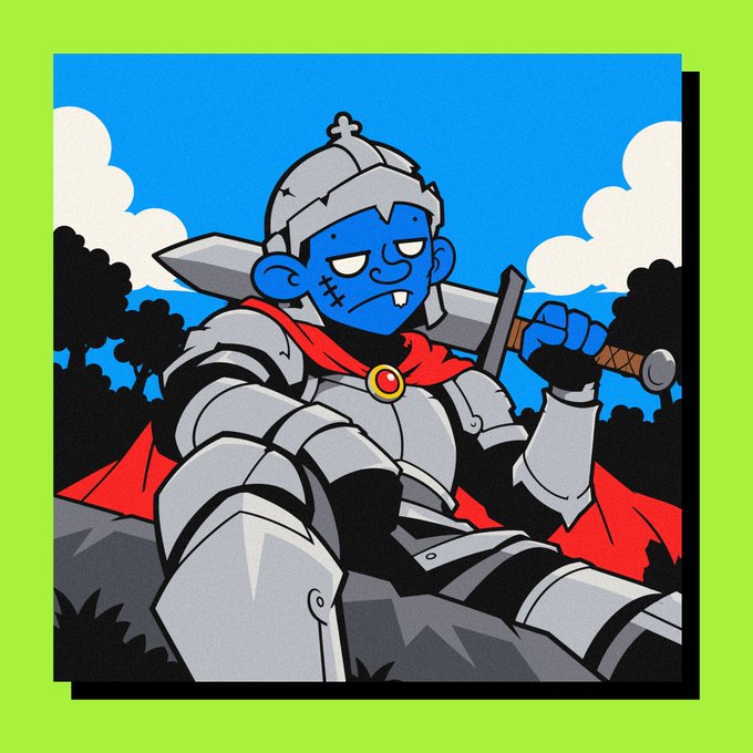 An illustrated cartoon of a blue-skinned knight in armor with a red cape holding a sword, set against a bright green border.