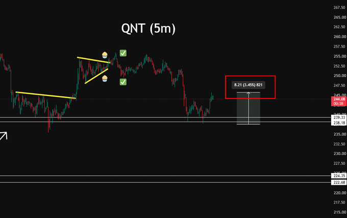 A candlestick chart for "QNT (5m)" showing price action with yellow trendlines, two checkmark emojis, and a red box highlighting an "8.21 (5.45%) R21" gain.