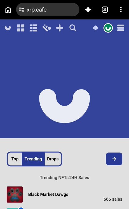 A mobile screenshot of xrp.cafe showing the site logo and a 'Trending NFTs 24H Sales' section featuring 'Black Market Dawgs' with 666 sales.