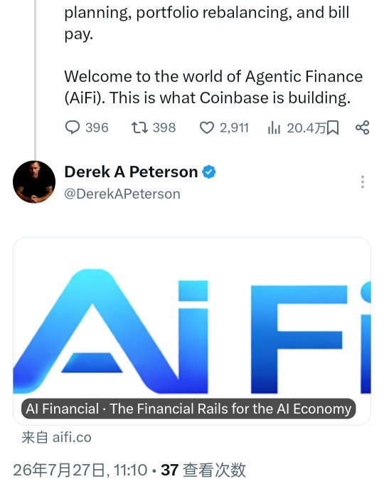 A screenshot of a tweet by Derek A Peterson (@DerekAPeterson) discussing 'Agentic Finance (AiFi)' and showing an image with the text 'AI Financial · The Financial Rails for the AI Economy' from aifi.co.