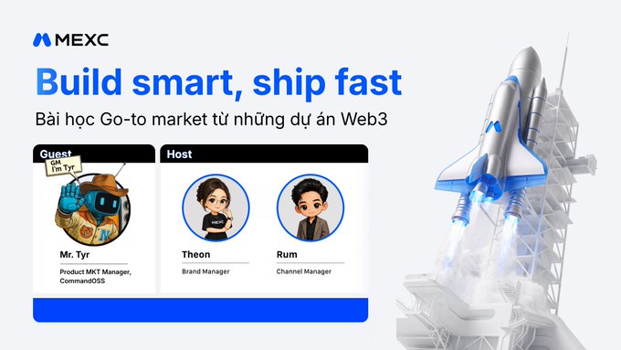 A promotional graphic for MEXC with the headline "Build smart, ship fast" and Vietnamese text "Bài học Go-to market từ những dự án Web3", featuring guest Mr. Tyr (Product MKT Manager, CommandOSS) and hosts Theon (Brand Manager) and Rum (Channel Manager), with a rocket launching from a launch tower on the right.