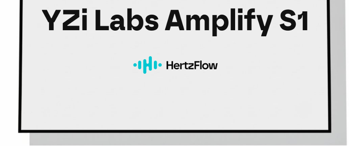 A simple white graphic displaying 'YZi Labs Amplify S1' text with the 'HertzFlow' logo beneath it.