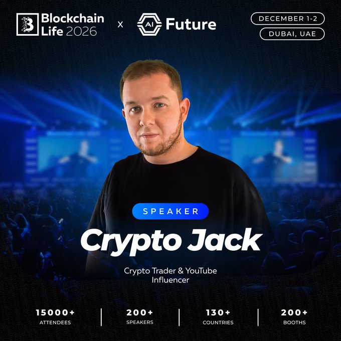 Promotional graphic for Blockchain Life 2026 x AI Future (December 1–2, Dubai, UAE) announcing "Crypto Jack" (Crypto Trader & YouTube Influencer) as a speaker, highlighting event stats of 15,000+ attendees, 200+ speakers, 130+ countries, and 200+ booths.

The image directly supports the post by visually confirming Crypto Jack's featured speaker status at the upcoming Dubai forum, with the event's scale and timing details matching the announcement.