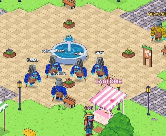 Pixel art game screenshot showing blue-skinned figures with bucket helmets around a fountain in a town square with usernames like 'AtsugaFarm', 'mido', 'uryu', 'Hades', 'NotMe', 'CAGLORIE', and 'GAG' displayed.