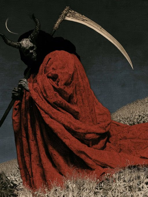 A dark, atmospheric digital artwork depicting a hooded skeletal figure with horns holding a large scythe, draped in a flowing red cloak against a moonlit sky.