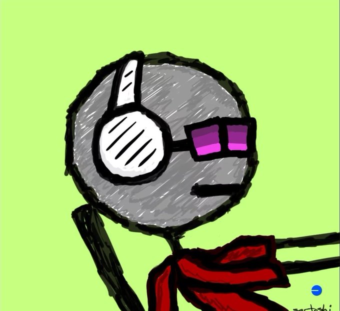 A crude digital drawing of a gray spherical character wearing white and purple sunglasses and a red bow tie against a green background.