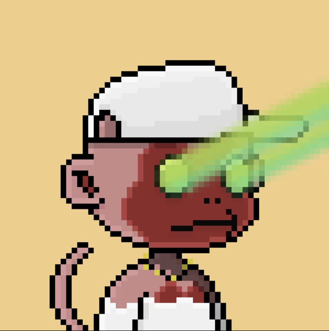 A pixel art illustration of a character with a chef's hat, half of the face colored pink and the other half dark red, with a green beam shooting out of the eye.