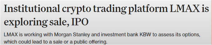 The image displays a news headline reading "Institutional crypto trading platform LMAX is exploring sale, IPO" with a subheading stating that LMAX is working with Morgan Stanley and investment bank KBW to assess its options, which could lead to a sale or public offering. This aligns with the accompanying post about LMAX—a Ripple-backed exchange—potentially going public through a sale, SPAC, or IPO, with Morgan Stanley and KBW advising on the process.