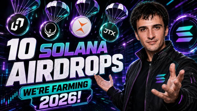 A YouTube thumbnail featuring a man in a black jacket next to the text '10 SOLANA AIRDROPS WE'RE FARMING 2026!' with logos including JTO, JTX, and Solana, plus parachutes delivering coins.