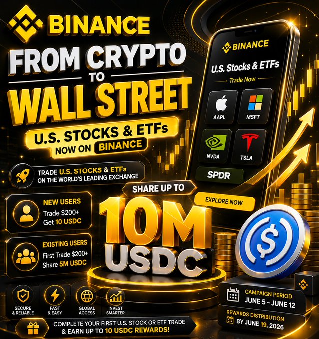The image features a digital advertisement for Binance cryptocurrency trading, which allows users to buy, sell, and trade U.S. Stocks & ETFs directly with their cryptocurrency funds. It's promoting a campaign offering rewards to new users by purchasing 10,000 USDC in exchange for the completed registration process. Users must provide certain personal information such as their email address or phone number, which will be used to send them a welcome email once they register and complete the necessary steps. The advertisement is primarily in yellow and black colors against a dark background with icons of Bitcoin logos in the upper part.