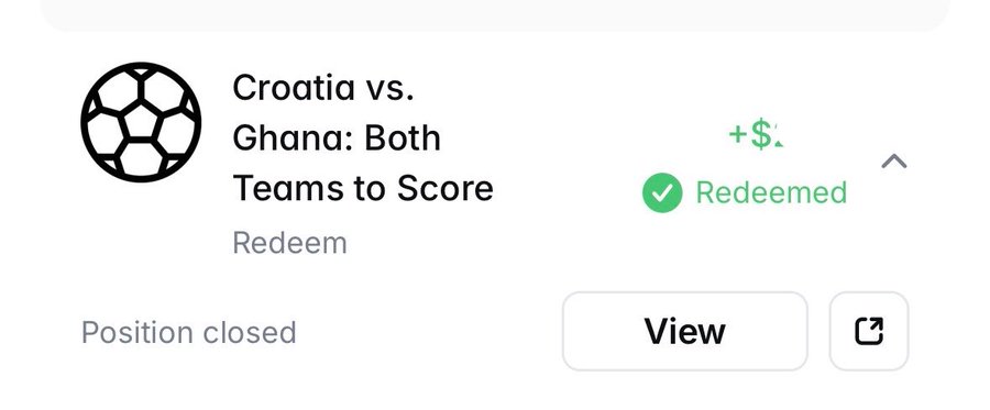 A sports betting app shows a redeemed winning bet of "Croatia vs. Ghana: Both Teams to Score" with a position closed status, reflecting the user's mention of their 1/3 prediction success on Polymarket for World Cup matches.