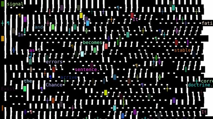 A glitchy digital art piece with scattered text fragments like "signal," "becomes," "stable," "errors," "sentence," "arrives," "chance," "doctrine," and "corrupt" amid pixelated noise and symbols on a black background.